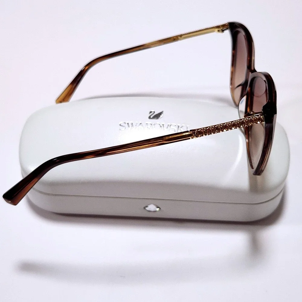 Swarovski Brown Tortoiseshell Cat Eye Sunglasses with Crystal Temples and Case